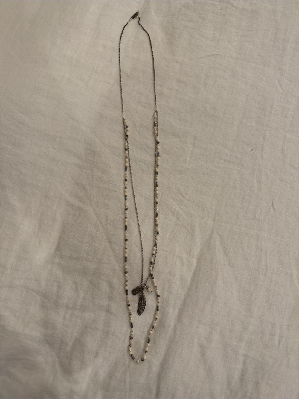 Chan Luu Layered Beaded Necklace with Leaf Charm in Cream and Silver